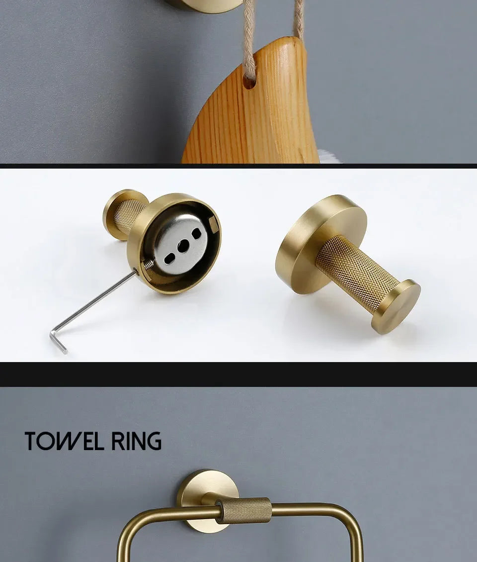 Bathroom Hardware Accessories  Brushed Gold Knurled Brass Kit Towel Bar Ring Robe Hook Paper Holder Towel Ring Toilet Brush