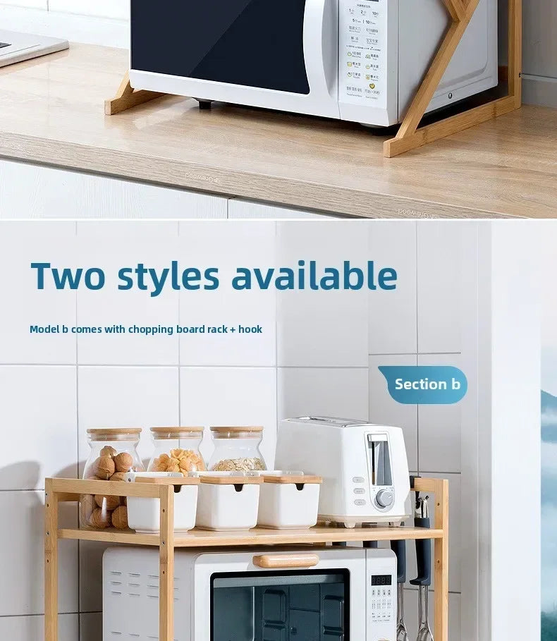 Kitchen Shelf Countertop Double Microwave Oven Shelf Desktop Seasoning Oven Storage Rack Bamboo Solid Wood