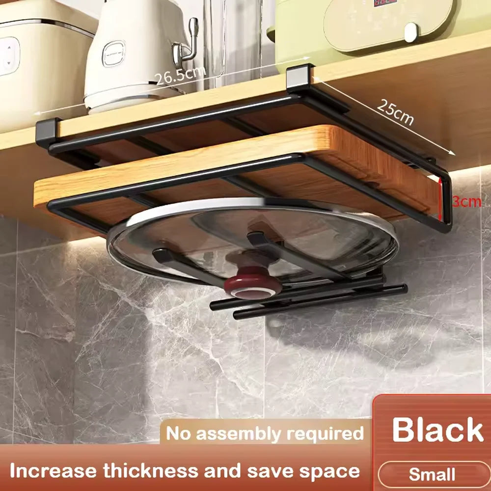 Kitchen Hanging Organiser Rack with Hooks Under Cupboard Paper Towel Rags Hanger Cutting Board Pot Cover Holder Storage Shelf