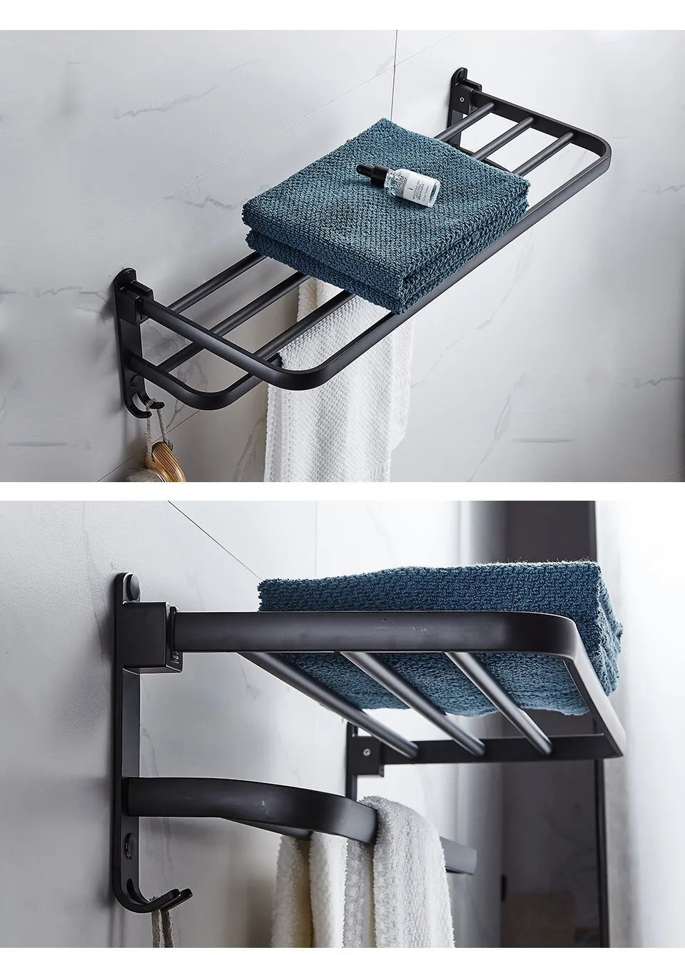 Matte Black 50CM Folding Holder With Hook Towel Holder Wall Mount Aluminum Towel Rack