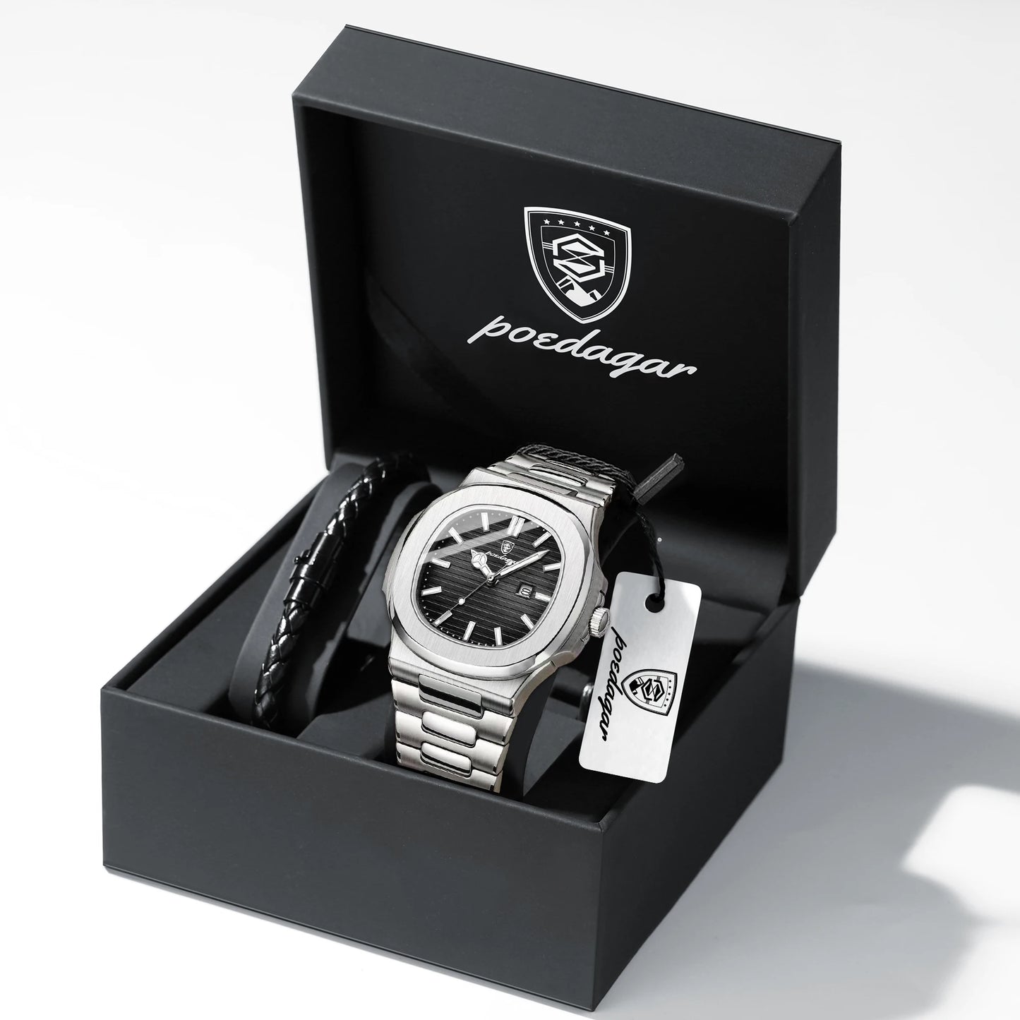 POEDAGAR Top Classic Men Wristwatch Waterproof Luminous Date Square Watch For Man Stainless Steel Sport Men's Quartz Watches+Box