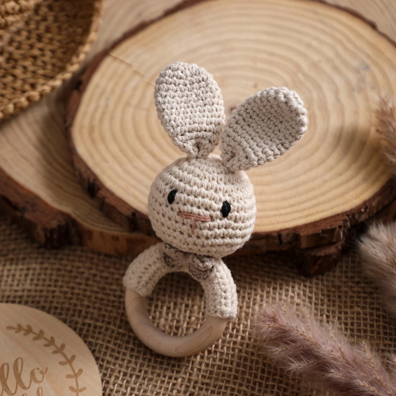 Let's Make Baby Bath Toy Set Double Sided Cotton Blankets Crochet Rattle Wooden Ring Infant Teether Bath Brush For Newborn Gift