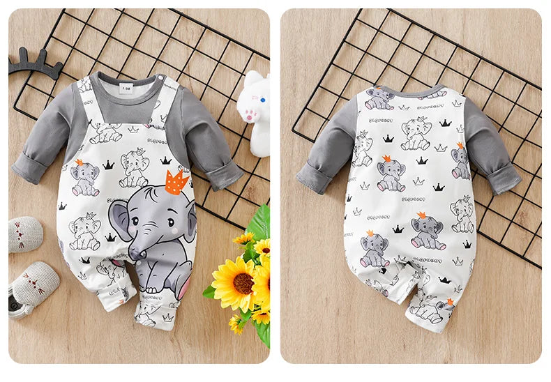 Newborn Baby Boy Long sleeves clothing 0-18Months one-piece braces fashion elephant print Baby pajamas Infant Casual Jumpsuit