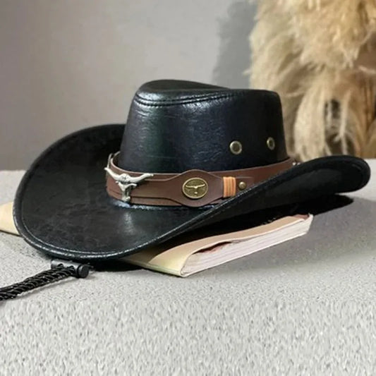 1 PC Vintage Faux Leather Western Cowboy Hat For Men Women Outdoor Gentleman Cowgirl Jazz Hats Sombrero Hombre