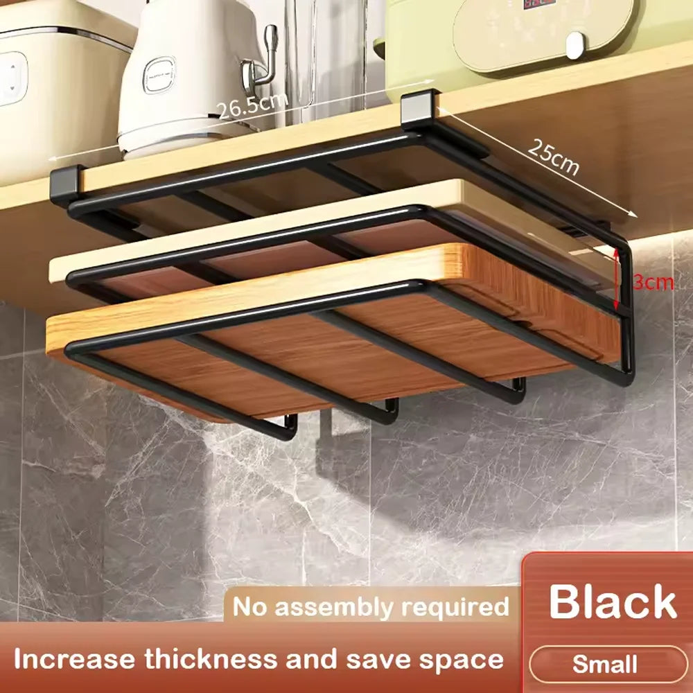 Kitchen Under Cabinet Hanging Organiser Rack with Hooks Multi-Purpose Holder for Paper Towel Cutting Board & Pot Lids