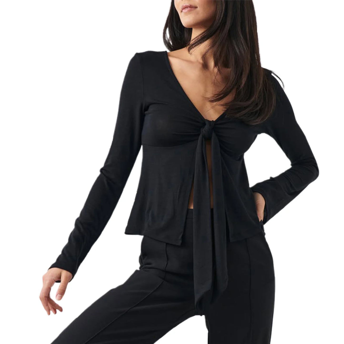 Women's Spring Summer Slimming Crop Tops Long Sleeve V Neck Tie Up Solid Color Trendy T-shirt