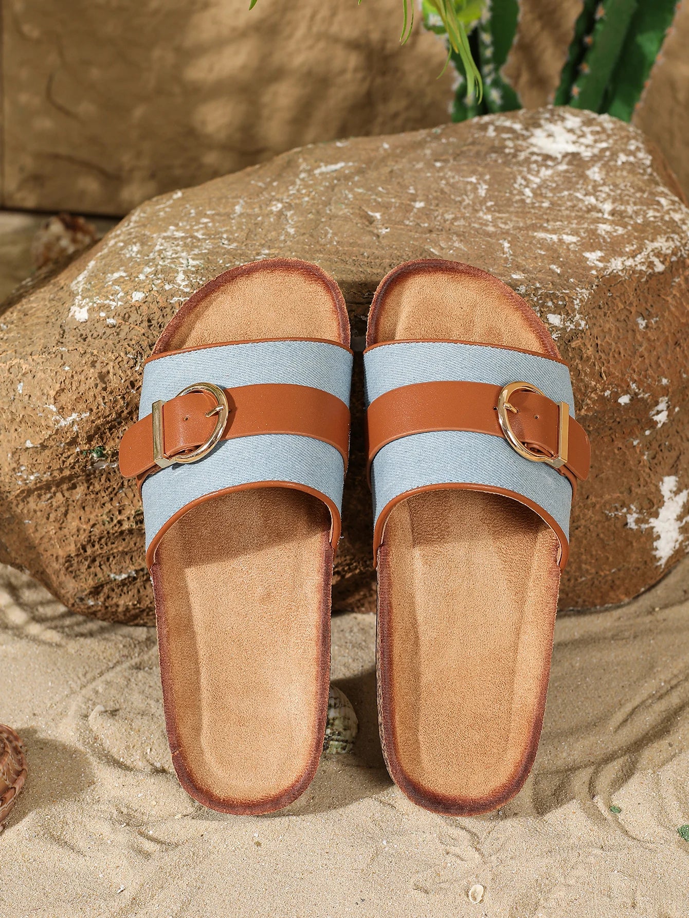 Women's Cork Insole Sandals, Single Strap Buckle, Comfort Slippers