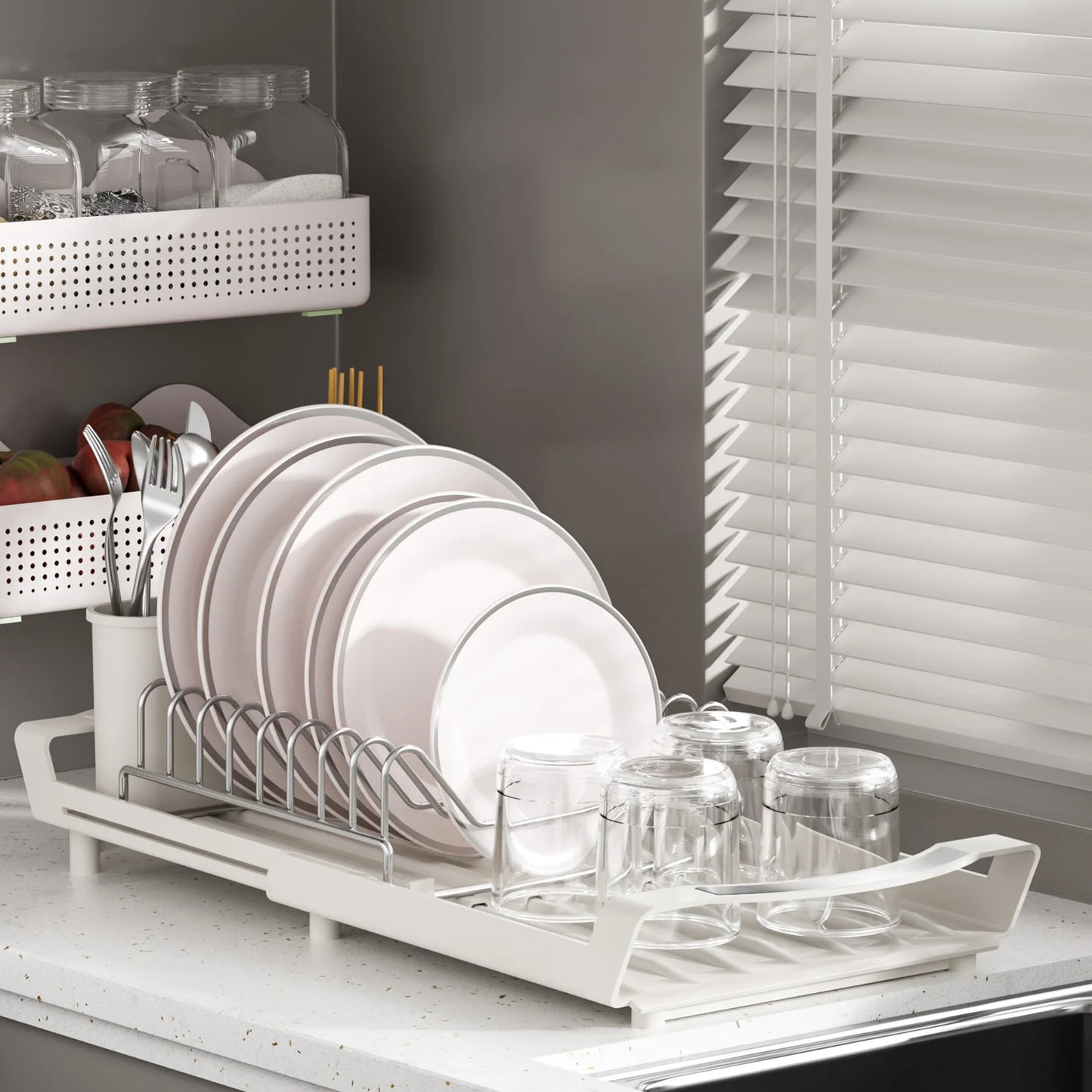 1pcs Expandable Small Dish Drying Rack Dish Racks for Kitchen Counter Dish Drainer with Removable Cutlery Holder