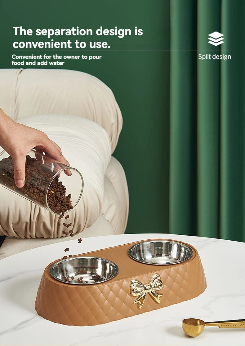 Double Pet Bowl for Cats & Dogs – Bow-Tie Design, Stainless Steel Food & Water Feeder with PP Base
