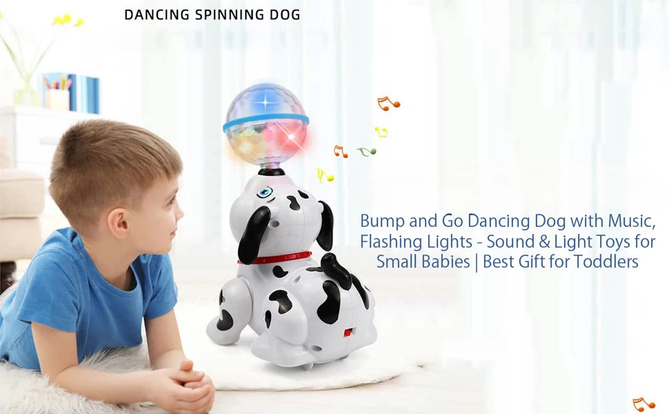 Spinning Dalmatian Toys Bump and Go Dancing Dog with Ball Music & Colorful Flashing Lights for Small Babies Infant Toddlers