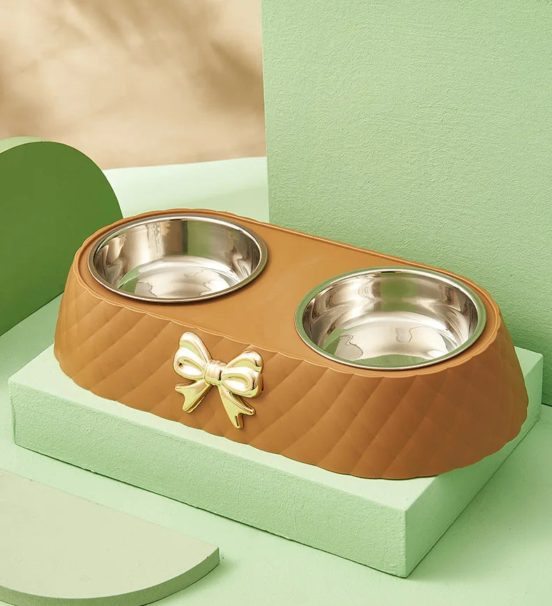 Double Pet Bowl for Cats & Dogs – Bow-Tie Design, Stainless Steel Food & Water Feeder with PP Base