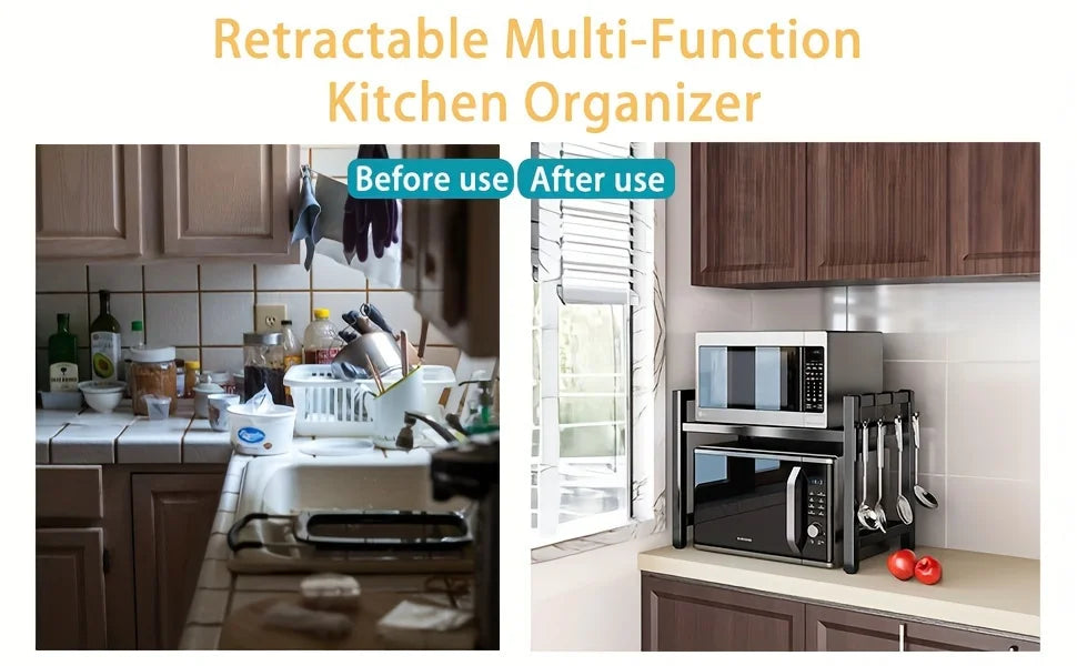 Expandable Microwave Shelf, Microwave Holder with 6 Hooks, Kitchen Storage Rack, Microwave Baking Rack, Extendable 40-64cm