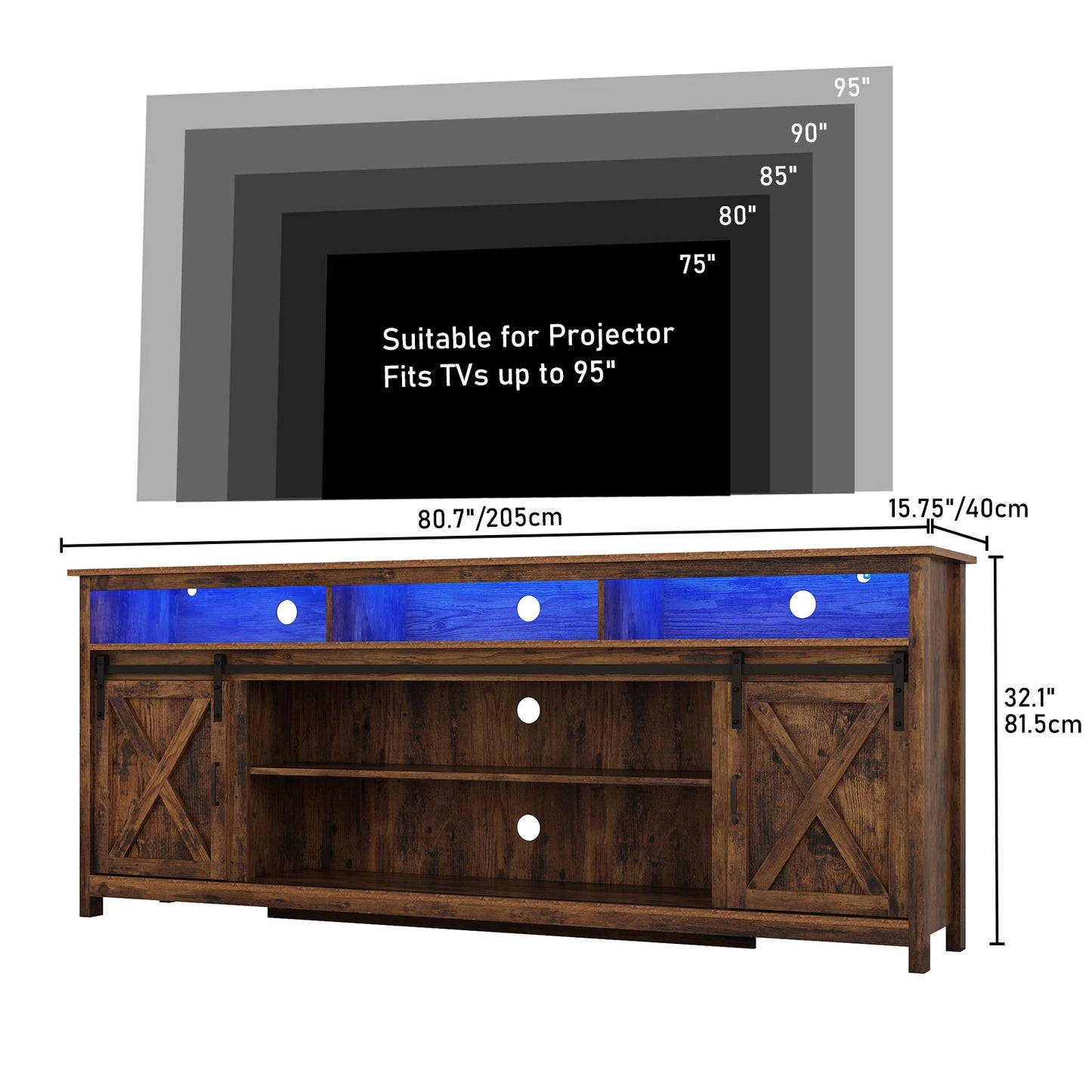 TV Stand Farmhouse Coffee Bar Cabinet Rustic Sliding Barn Door Storage Cabinet with Power Outlet & LED Light, 57" Wooden TV Cabi