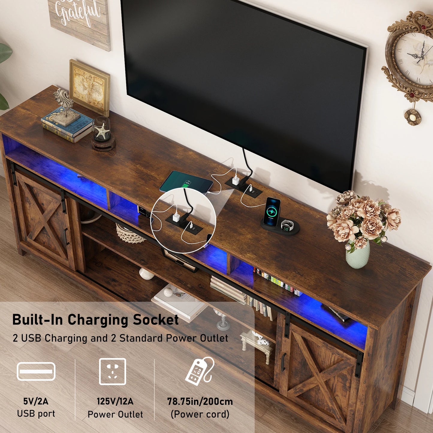 TV Stand Farmhouse Coffee Bar Cabinet Rustic Sliding Barn Door Storage Cabinet with Power Outlet & LED Light, 57" Wooden TV Cabi