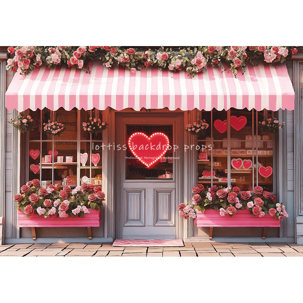 Romantic Cafe Front With Rose Backdrops Kids Baby Photography Child Photocall Sweet Heart Pink Floral Stores Backgrounds