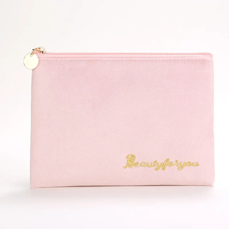 Plush Cosmetic Bag for Women – Large Zipper Makeup & Toiletry Travel Pouch, Solid Color Beauty Bag