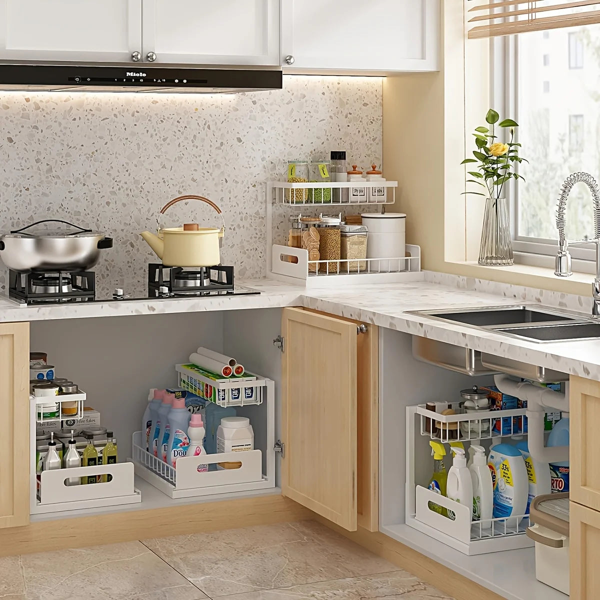 Under Sink Organisers, Metal Pull Out Under Sink Organisers,Storage Shelves with Sliding Drawer,Under Sink Storage for Kitchen