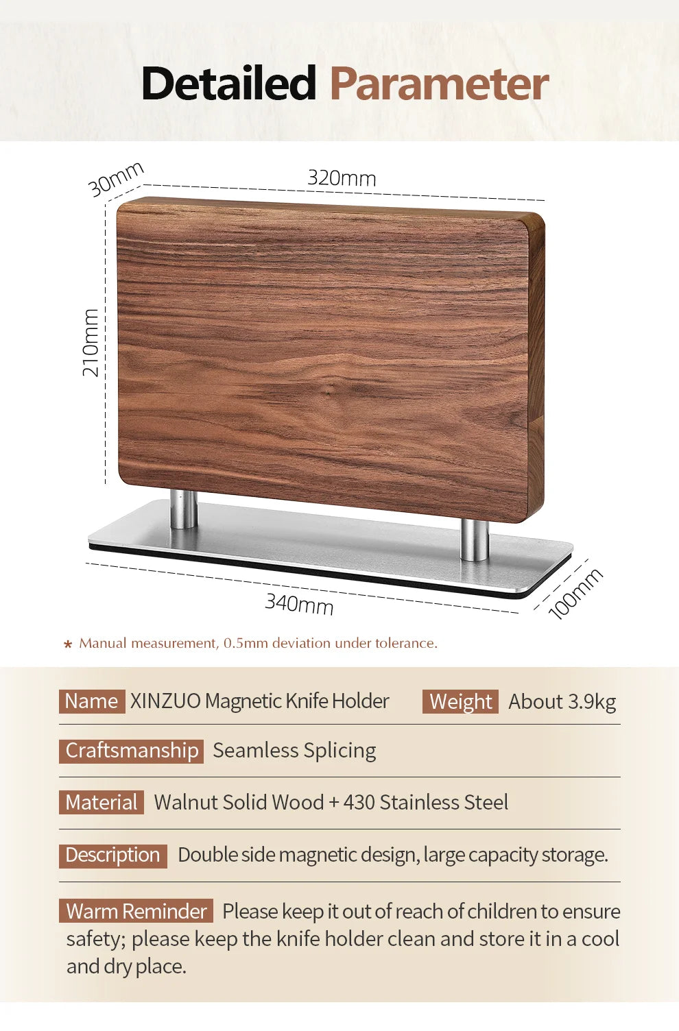 XINZUO Walnut Solid Wood+430 Stainless Steel Wood Knife Stand Kitchen Supplies Magnetic Double-sided Suction Knife Holder Tool
