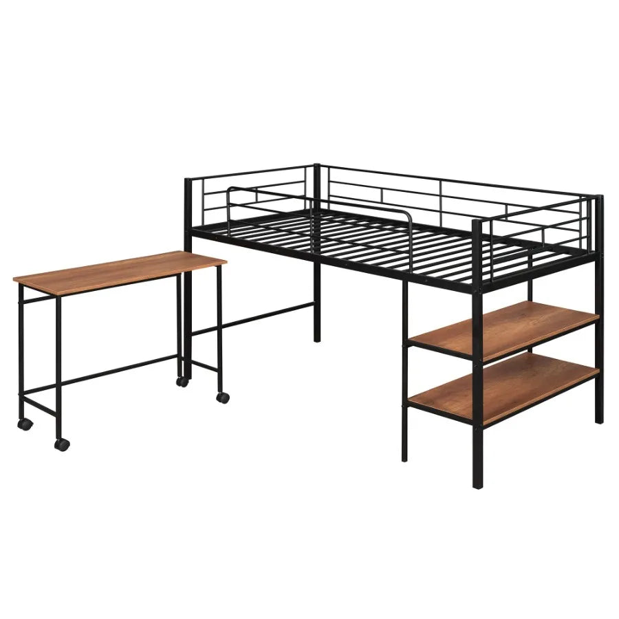 Twin Size Metal Loft Bed with Desk and Shelves