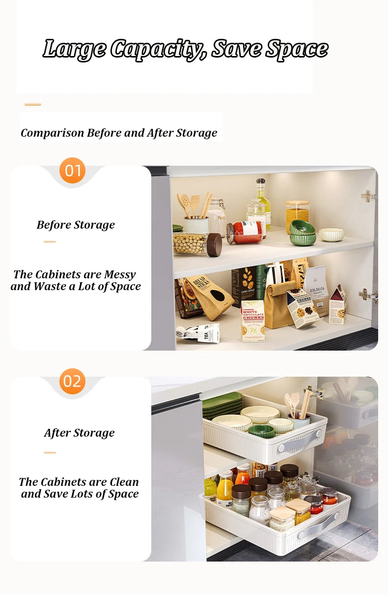 Kitchen Sliding Drawer with Slide Rail Cabinet Clothes Spice Dish Bowl Storage Rack Pull Out Cabinet Organiser Tray With Handle