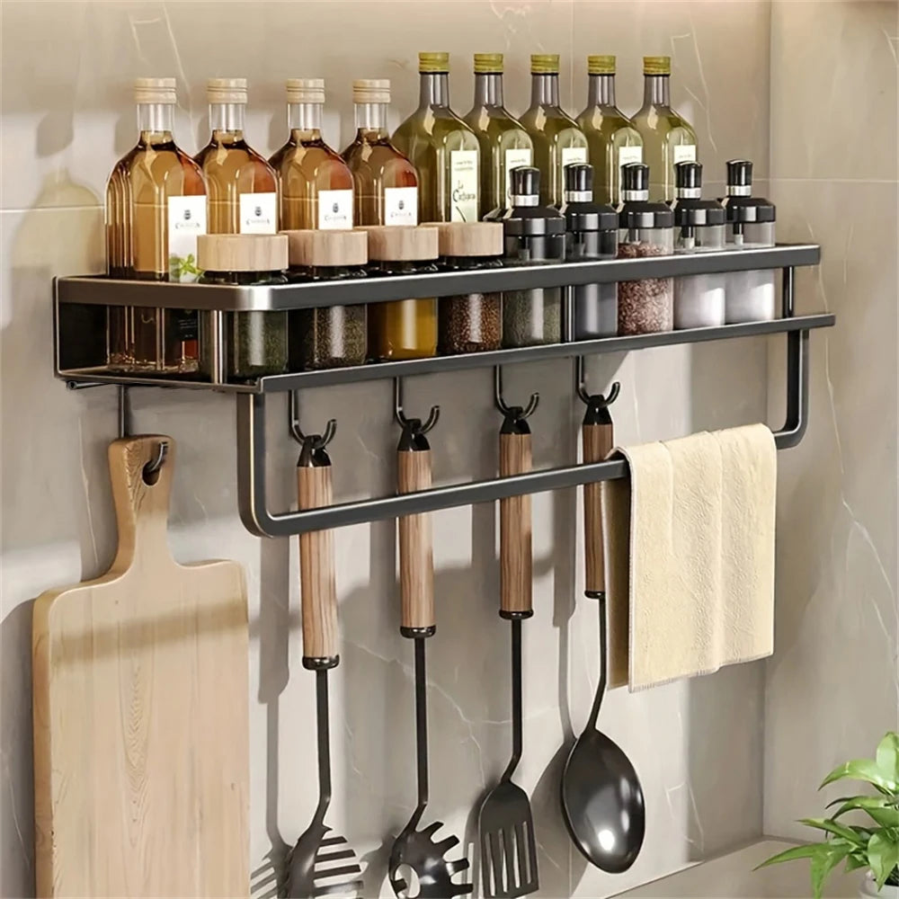1 Multi-Functional Storage Rack With Rod Seasoning Rack Wall-Mounted Seasoning Storage Rack For Cooking Items