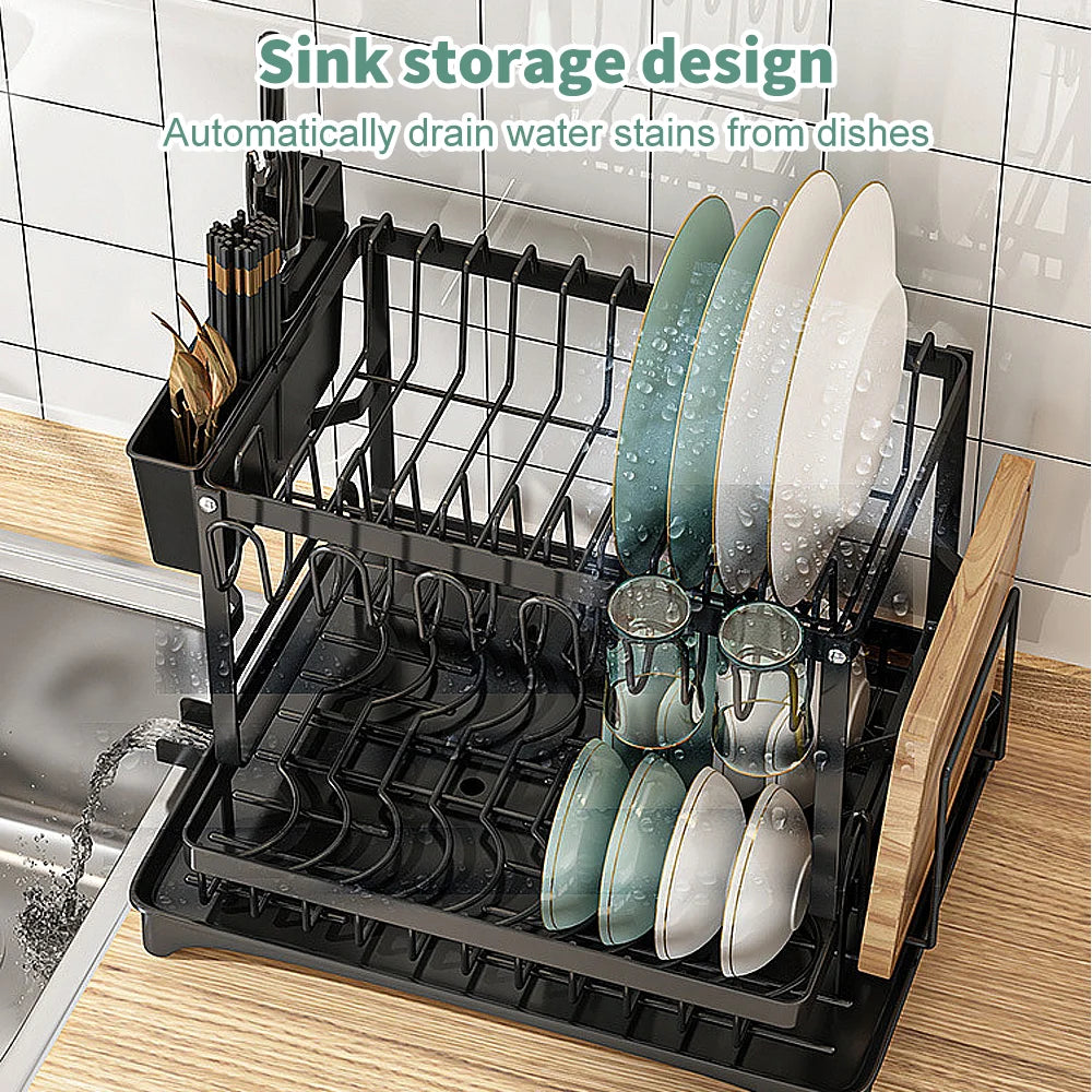 2 tier dish drying rack, Cutlery rack with spout and draining tray, cutlery holder, cup holder, kitchen countertop storage rack