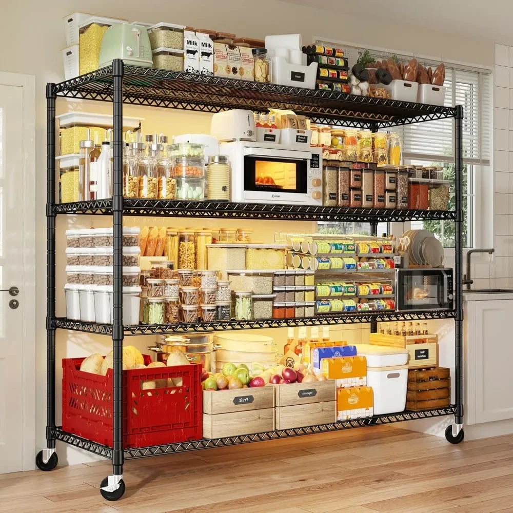 Wire Shelving Unit with Wheels, 4 Tier Adjustable Storage Shelves for Kitchen, Pantry, Office, Garage, Warehouse,