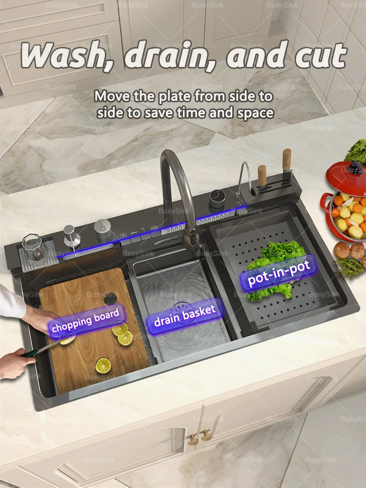 Stainless Steel Kitchen Sink With Waterfall Extra Large Single Bowl Digital Display Multifunctional Dishwashing Sinks