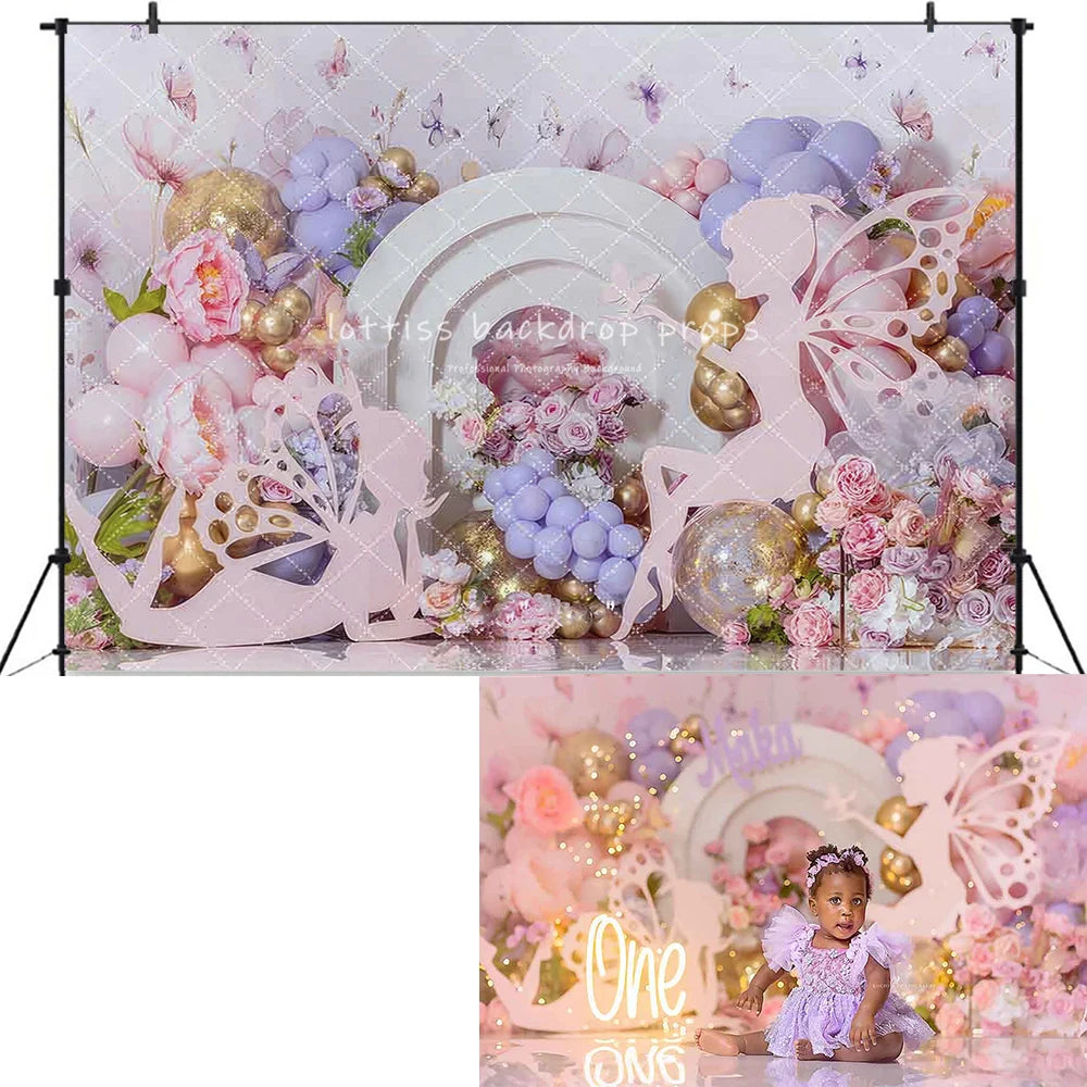 1st Birthday Cake Smash Backdrops Kids Baby Photography Child Photocall Fairy Balloons Wild One Garden Cute Bow Theme Background