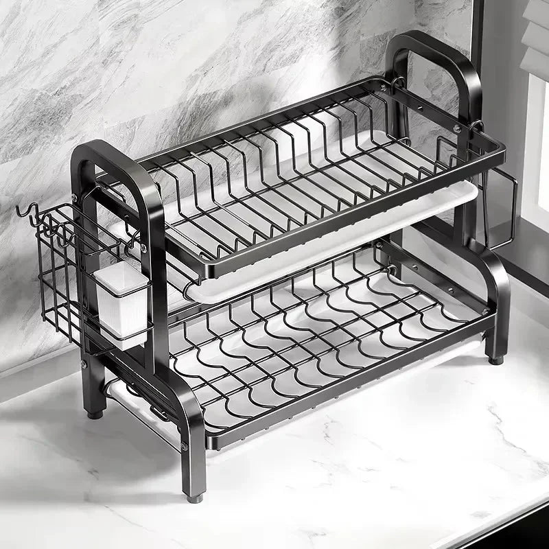 2 Tier Stainless Steel Dish Drainer with Utensil Holder Compact Rust Proof Kitchen Storage Organiser Drying Rack for Dishes