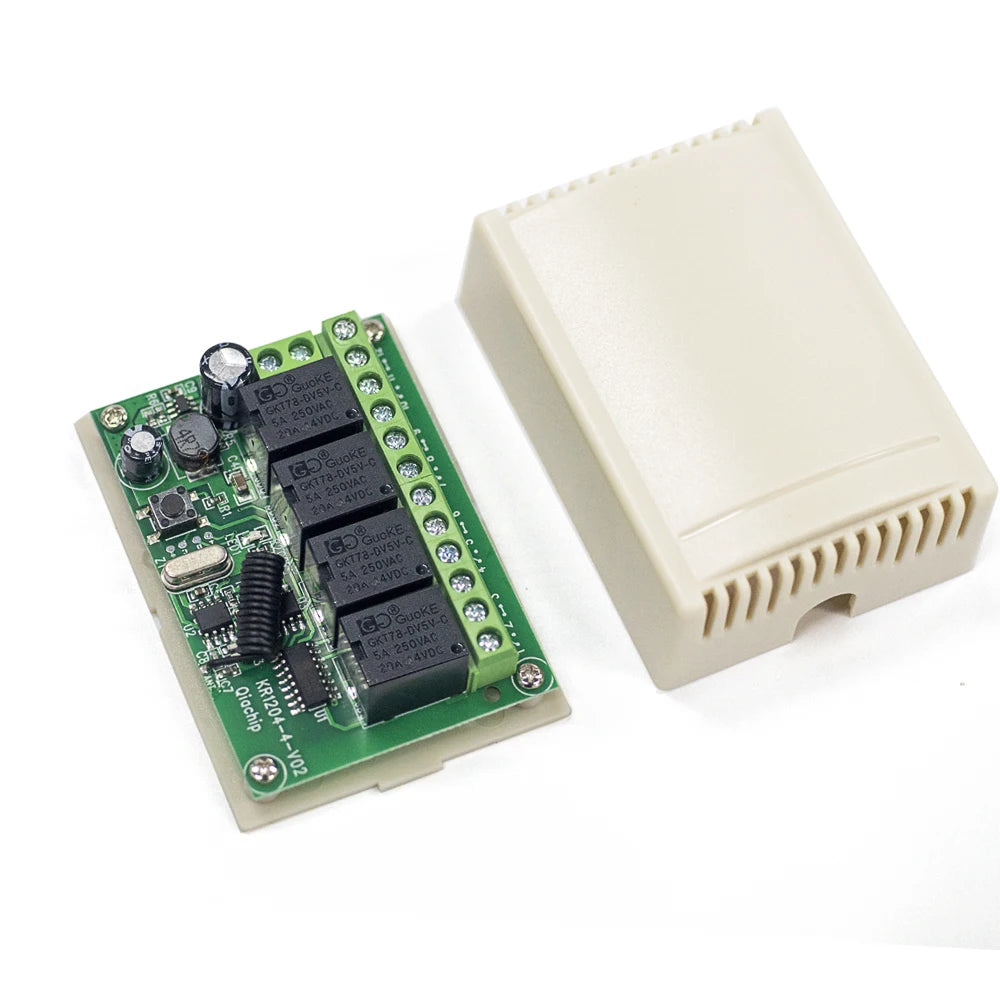 QIACHIP 4CH 433.92MHz Relay Module – DC 5V/12V/24V/48V 10A Wireless Remote Control Switch for EV1527, DC Motor DIY