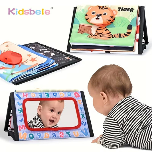 Funny Baby Tummy Time Soft Cloth Book Montessori Sensory Development Toy Colorful Animal Pattern Play Mat with Distorting Mirror