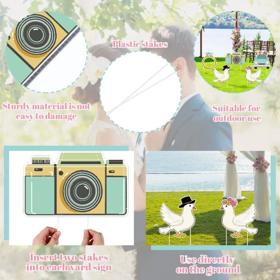 5Pcs Wedding Theme Party Yard Signs with Stakes Pigeon Ring Camera Pattern Road Dration Wedding Reception Plastic Welcome Sign