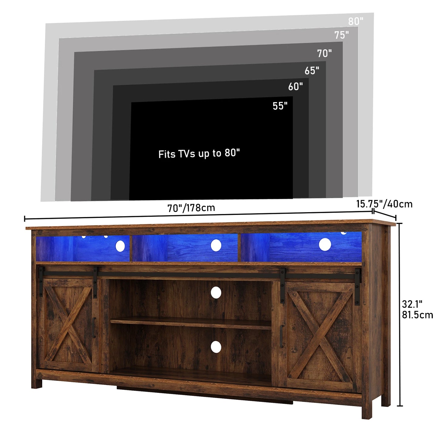 TV Stand Farmhouse Coffee Bar Cabinet Rustic Sliding Barn Door Storage Cabinet with Power Outlet & LED Light, 57" Wooden TV Cabi