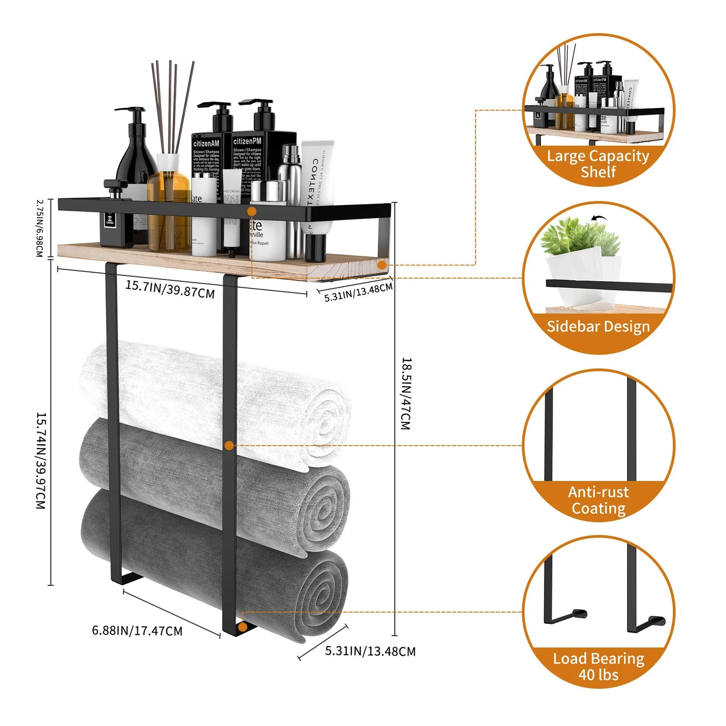 Wrought Iron Wood Household Bathroom Towel Rack Toilet Wall Mounted
