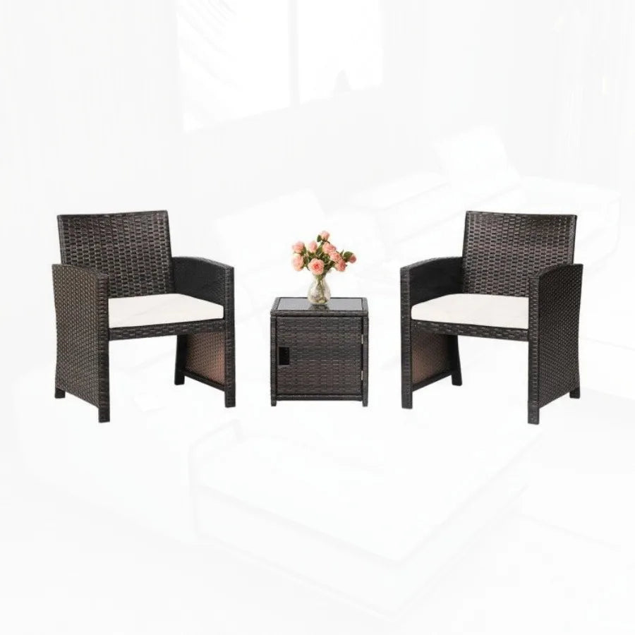 3 Pieces Patio Wicker Furniture Set with Storage Table and Protective Cover