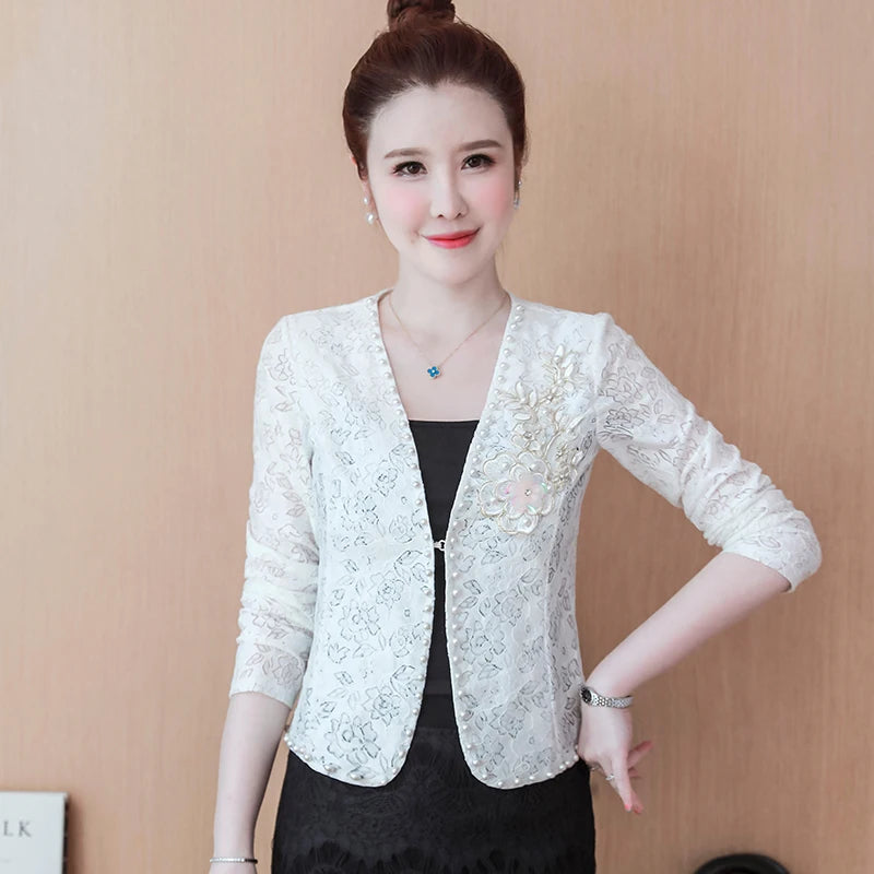 Short Lace  Long Sleeve Embroidery Cardigan