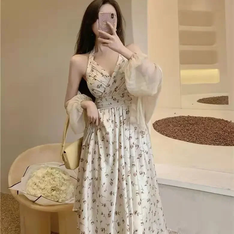 Summer New Gentle Wind Fragmented Flower V-Neck Sling Dress Set Waist Wrap Neck Hanging Long Dress Thin Sun Protection Cardigan