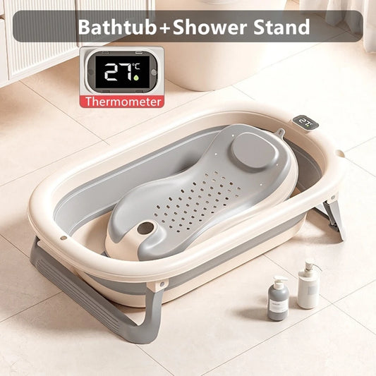 Multi-Functional Collapsible Baby Bathtub with Bath Rack and Non-Slip Mat Foldable Baby Shower Tub Portable Space Saving