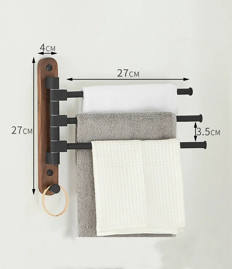 Bathroom Swivel Towel Rack, Wood & Matte Black Metal, 4-Arm Wall Mounted Towel Bar with Towel Ring, Space-Saving Towel Hanger