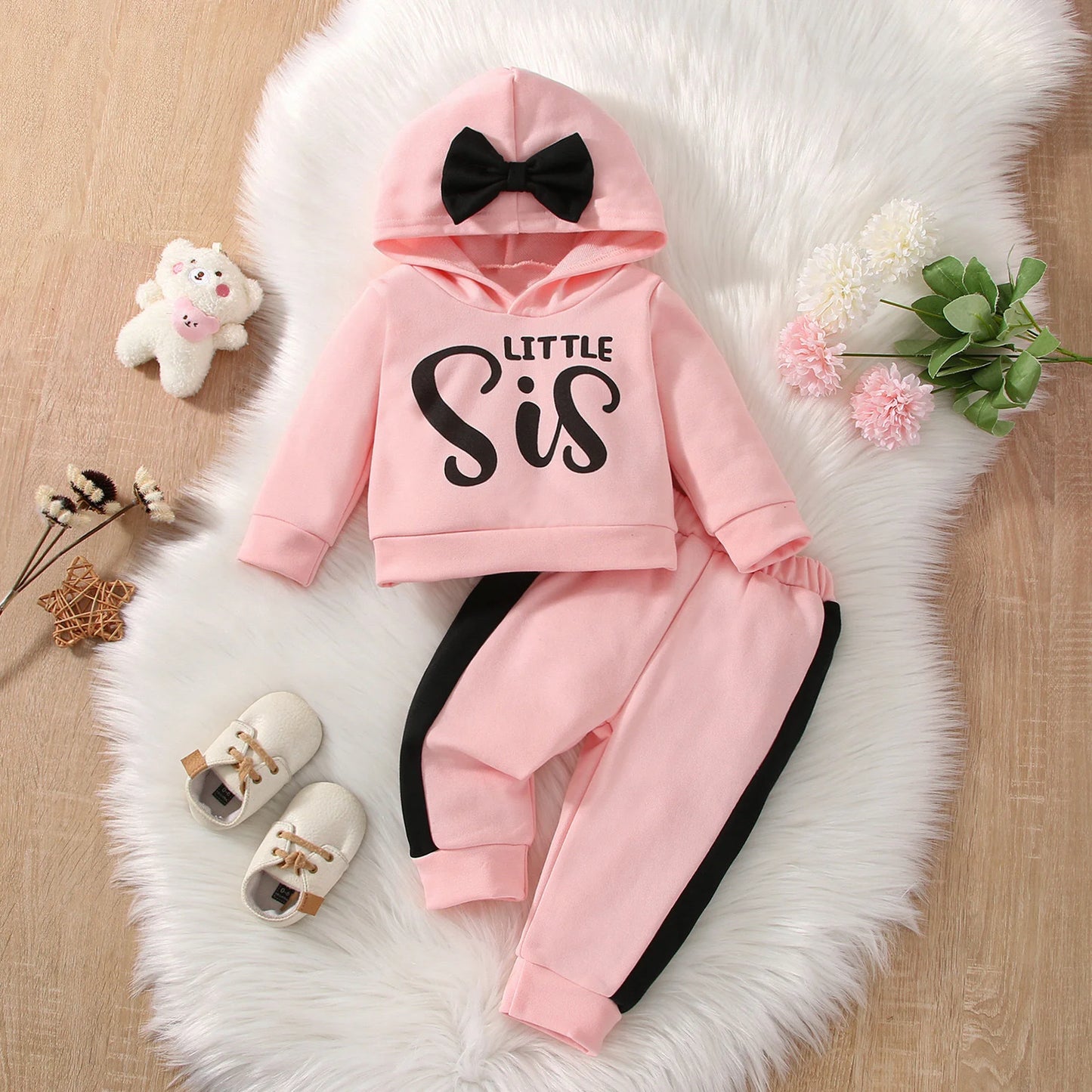Autumn 2Pcs Baby Girls Long Sleev Printing Letter With Bow Hoodie Set For Casual Sporty Clothes For 1-3Y