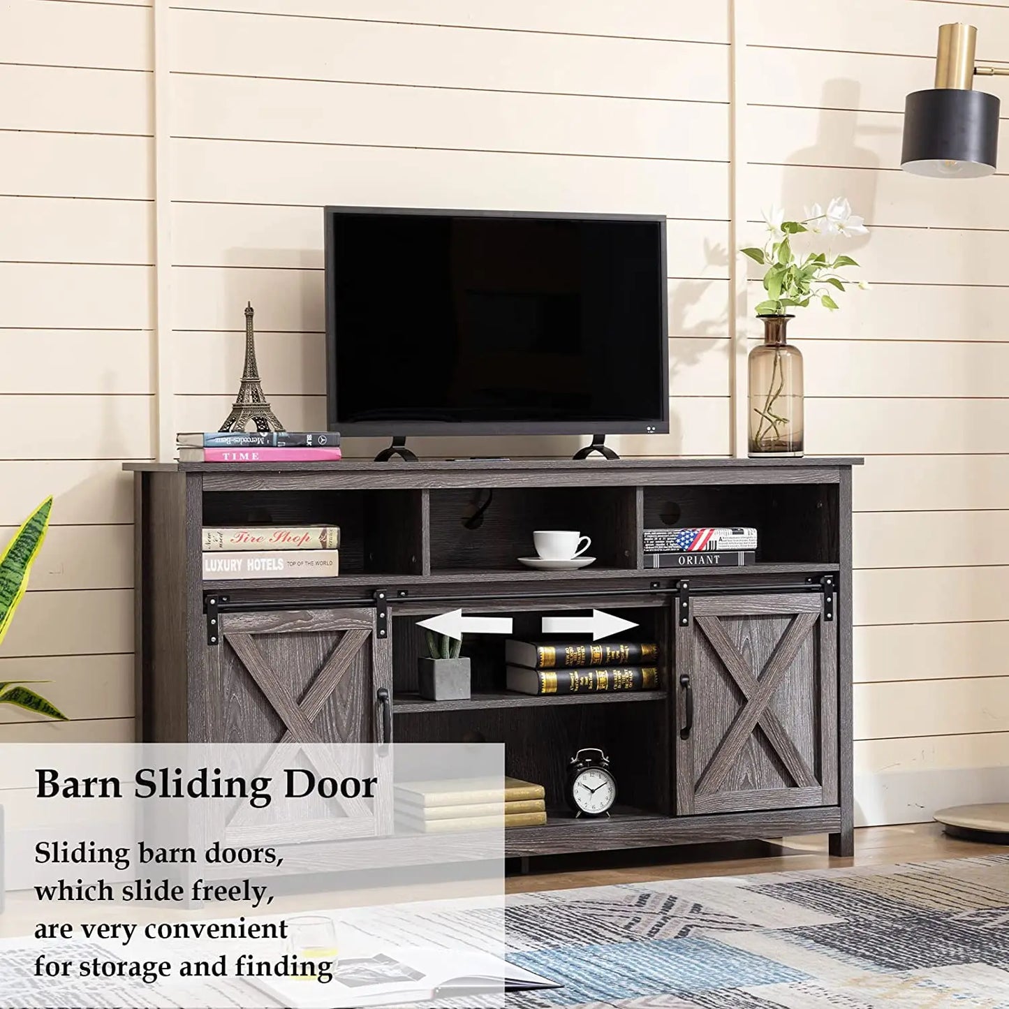 TV Stand Farmhouse Coffee Bar Cabinet Rustic Sliding Barn Door Storage Cabinet with Power Outlet & LED Light, 57" Wooden TV Cabi