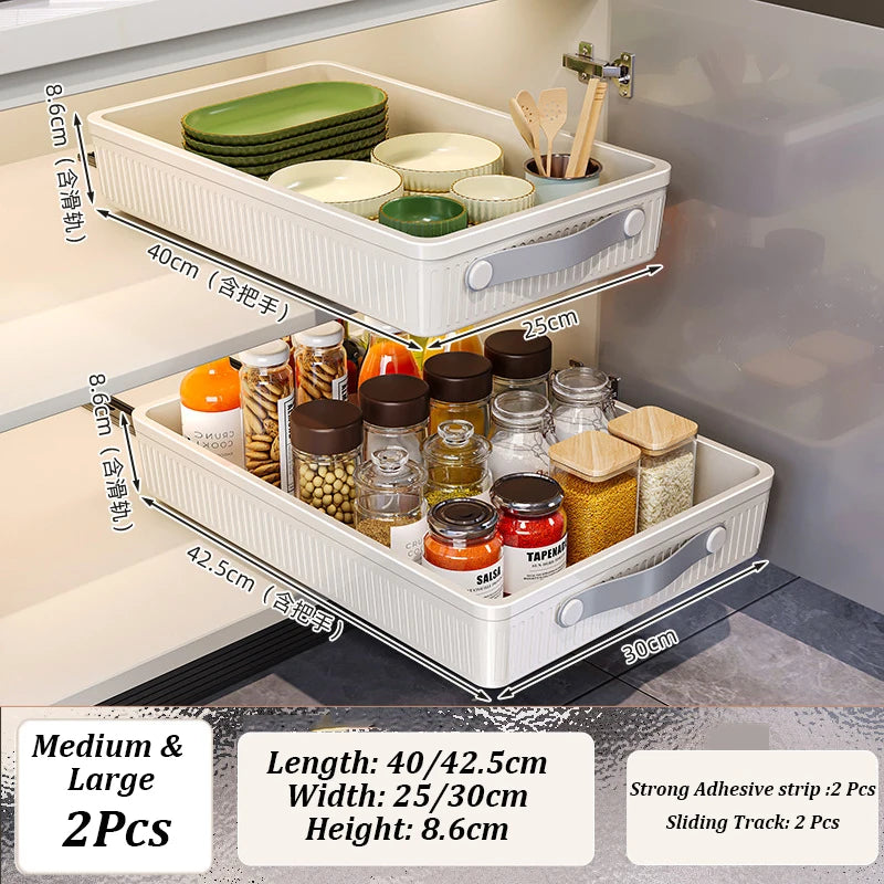 Kitchen Sliding Drawer with Slide Rail Cabinet Clothes Spice Dish Bowl Storage Rack Pull Out Cabinet Organiser Tray With Handle