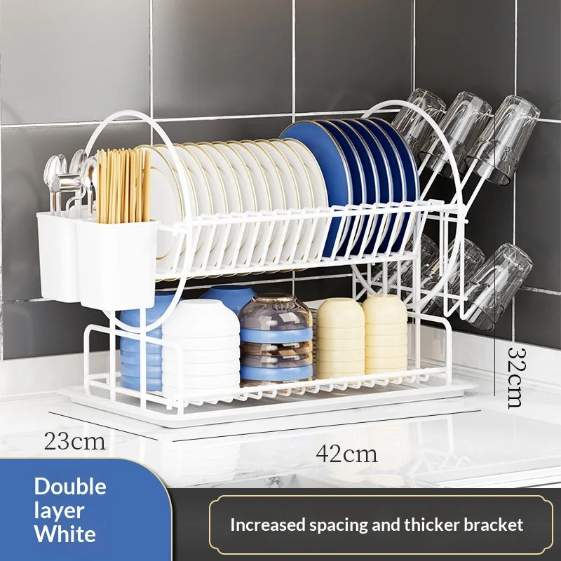 Kitchen 2-Tier Dish Drying Rack with Utensil Holder and Cup Hanger Black Thickened Bowl Plate Drain Rack Storage Organiser