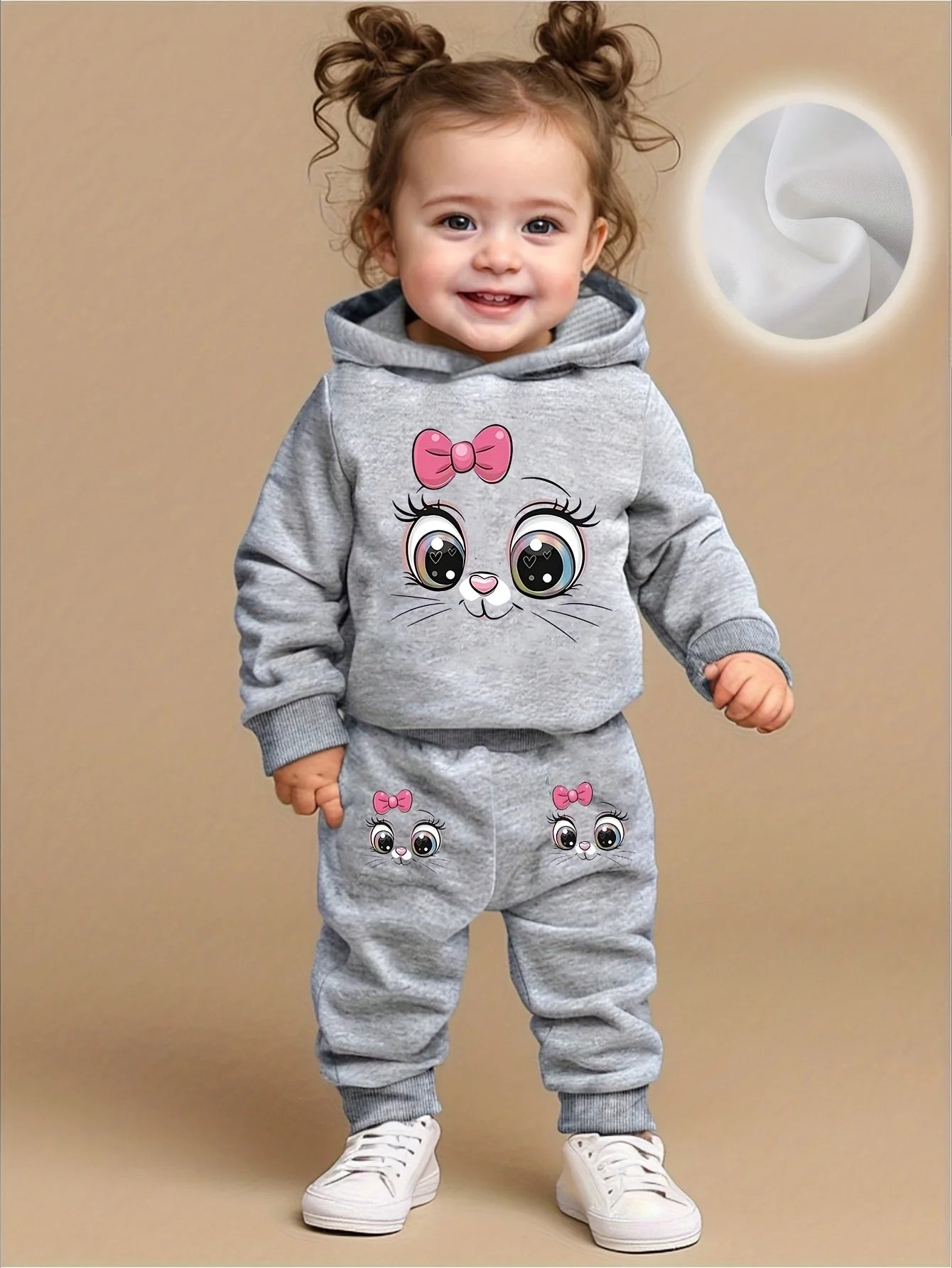 Baby girl cute cartoon cat pattern long sleeved fleece hooded sweat shirt+casual simple pants set, spring and autumn two-piece set