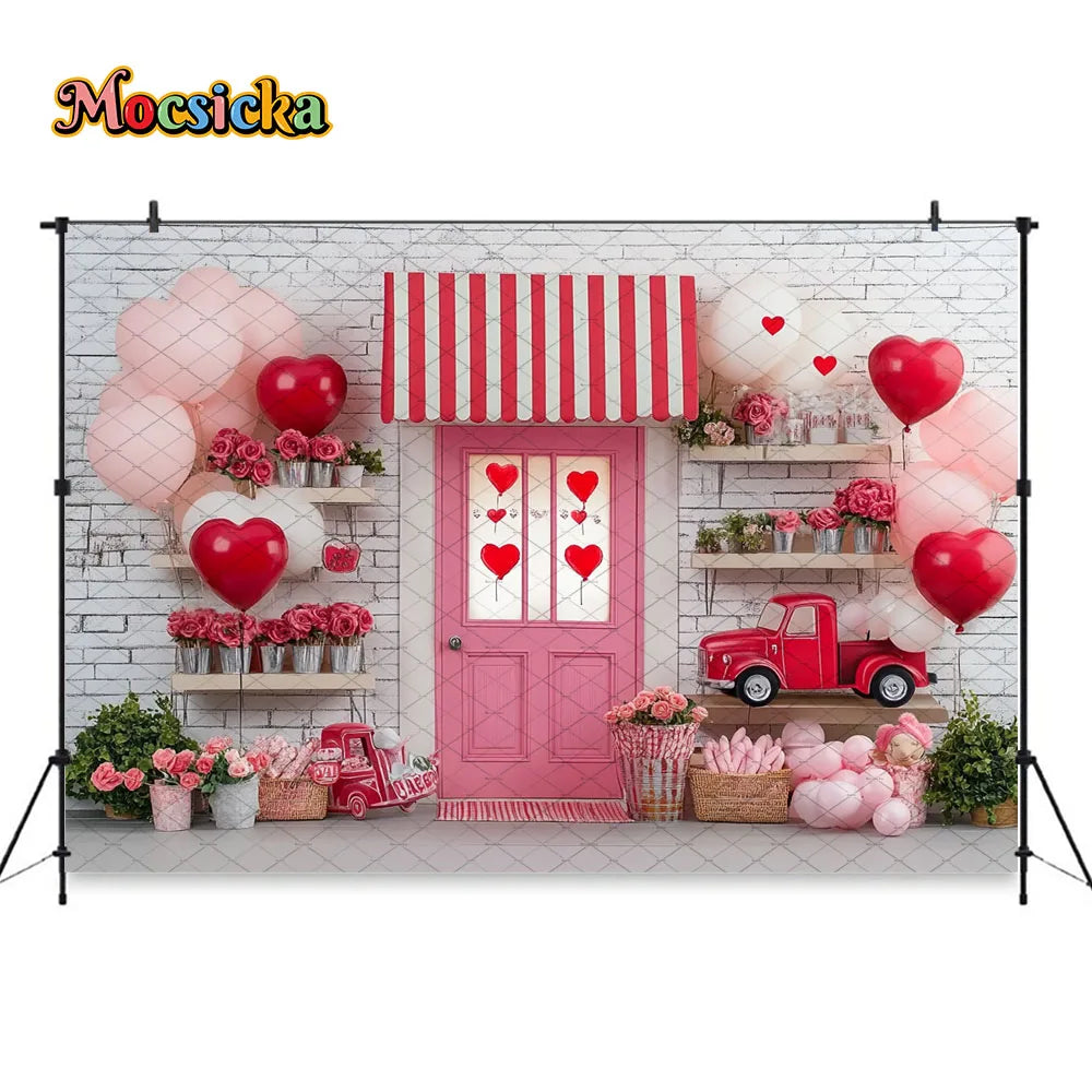 Mocsicka Valentine's Day Shop Backdrop Photography Pink Storefront Heart Balloon Red Rose Background Kids Birthday Photo Studio