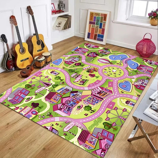 Pink Amusement Park Kids Play Rug, Interactive Town Road Track Carpet, Non-Slip Washable Play Mat for Toddler Bedroom  Carpet