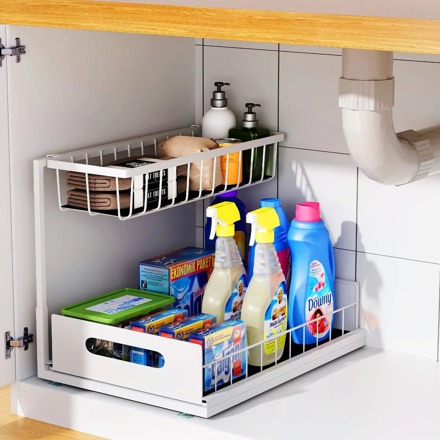 Under Sink 2 Tier Sliding Cabinet Basket Organiser Drawer Pull Out Cabinet Multi-Purpose  Sink Organiser for Bathroom Kitchen