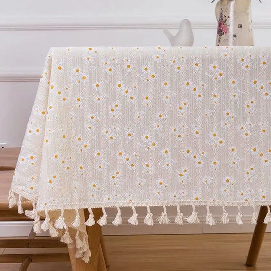 Korean Style Daisy Tassels Cotton Floral Table Cloth
