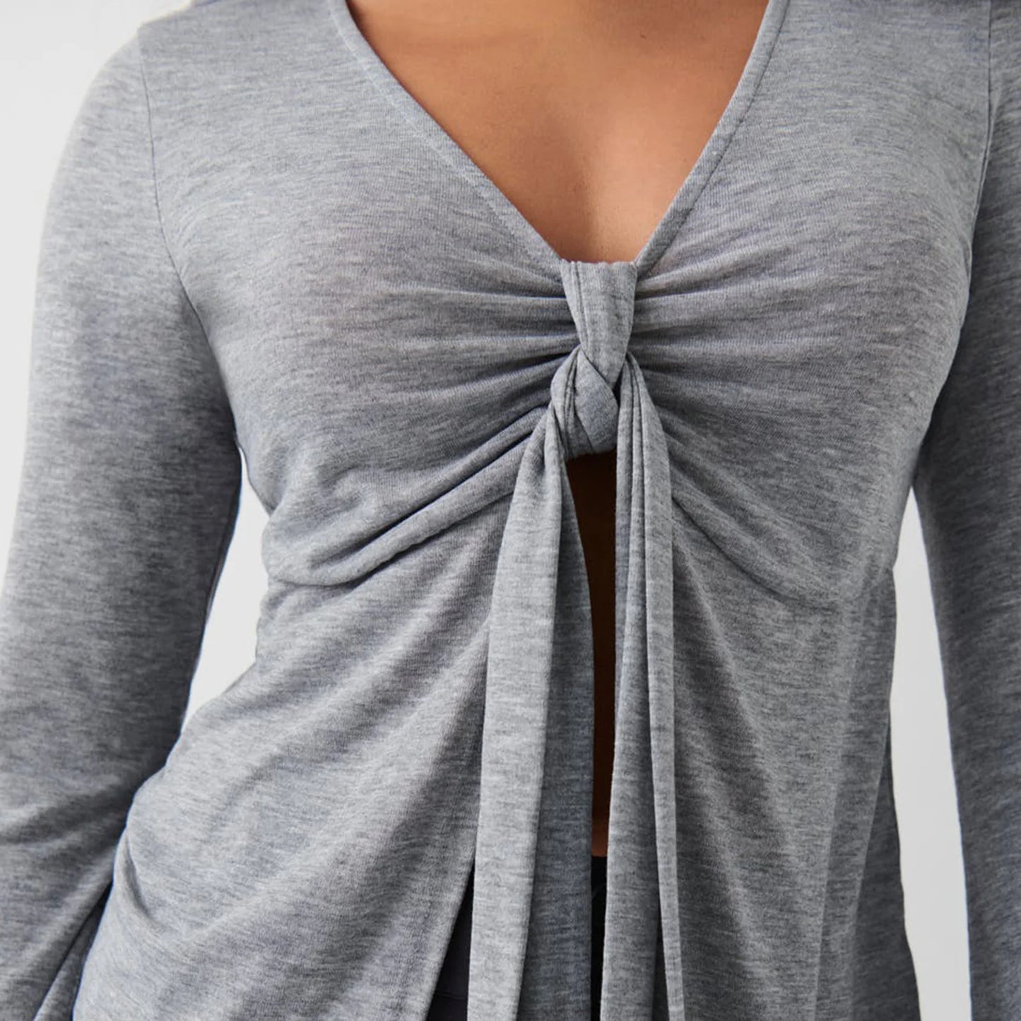Women's Spring Summer Slimming Crop Tops Long Sleeve V Neck Tie Up Solid Color Trendy T-shirt